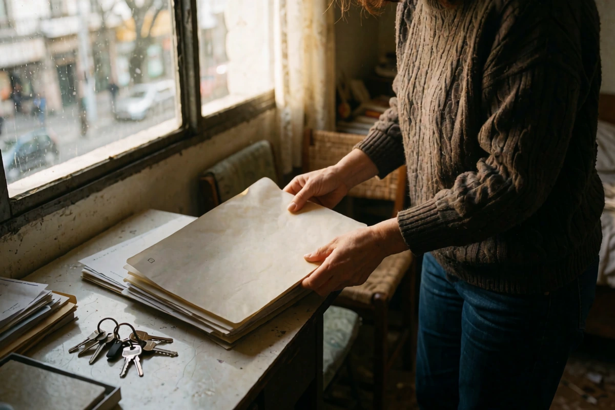 A person holding a plain closed folder beside a sunlit apartment window