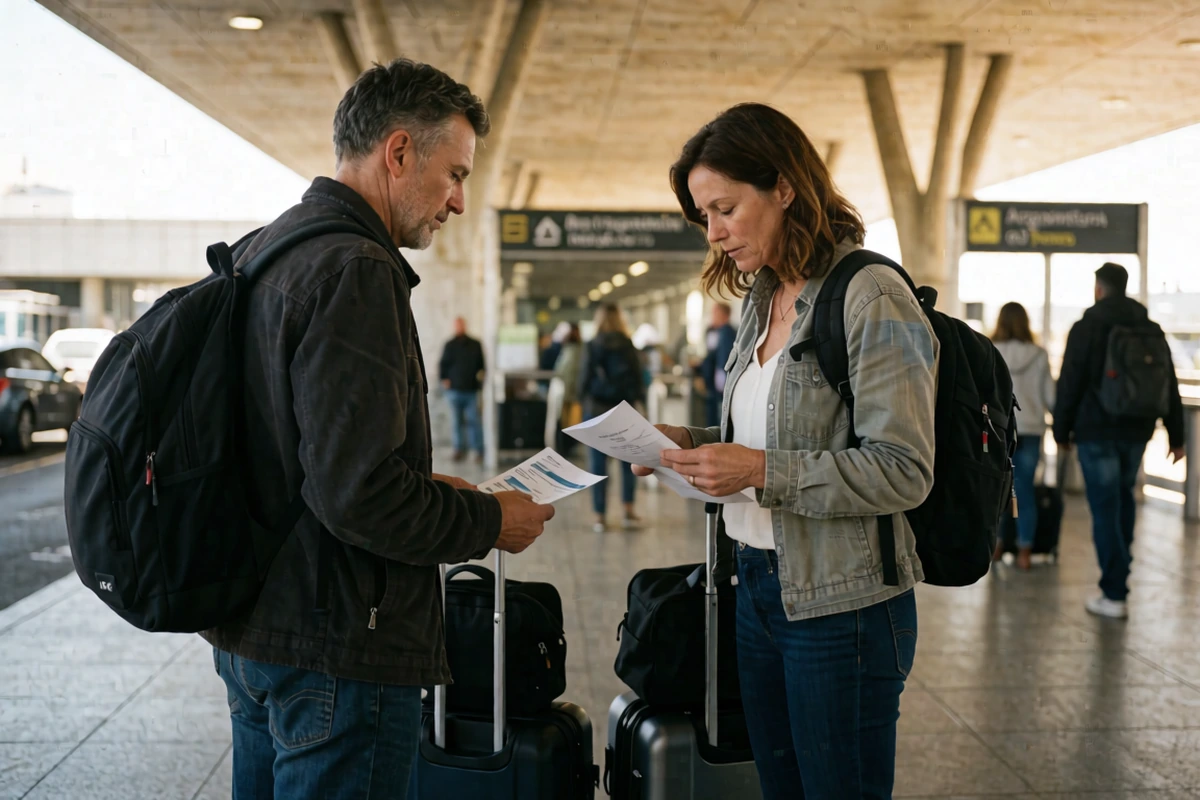 An American traveller reading immigration information near an arrivals hall in Argentina