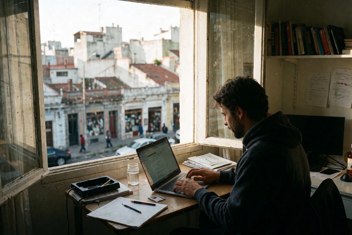 A remote worker using a laptop beside an open window in a Buenos Aires apartment