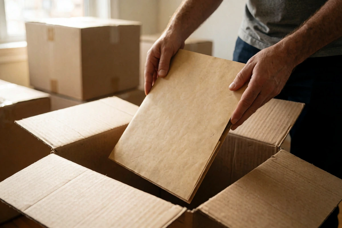 A person placing a plain closed folder into an open moving box