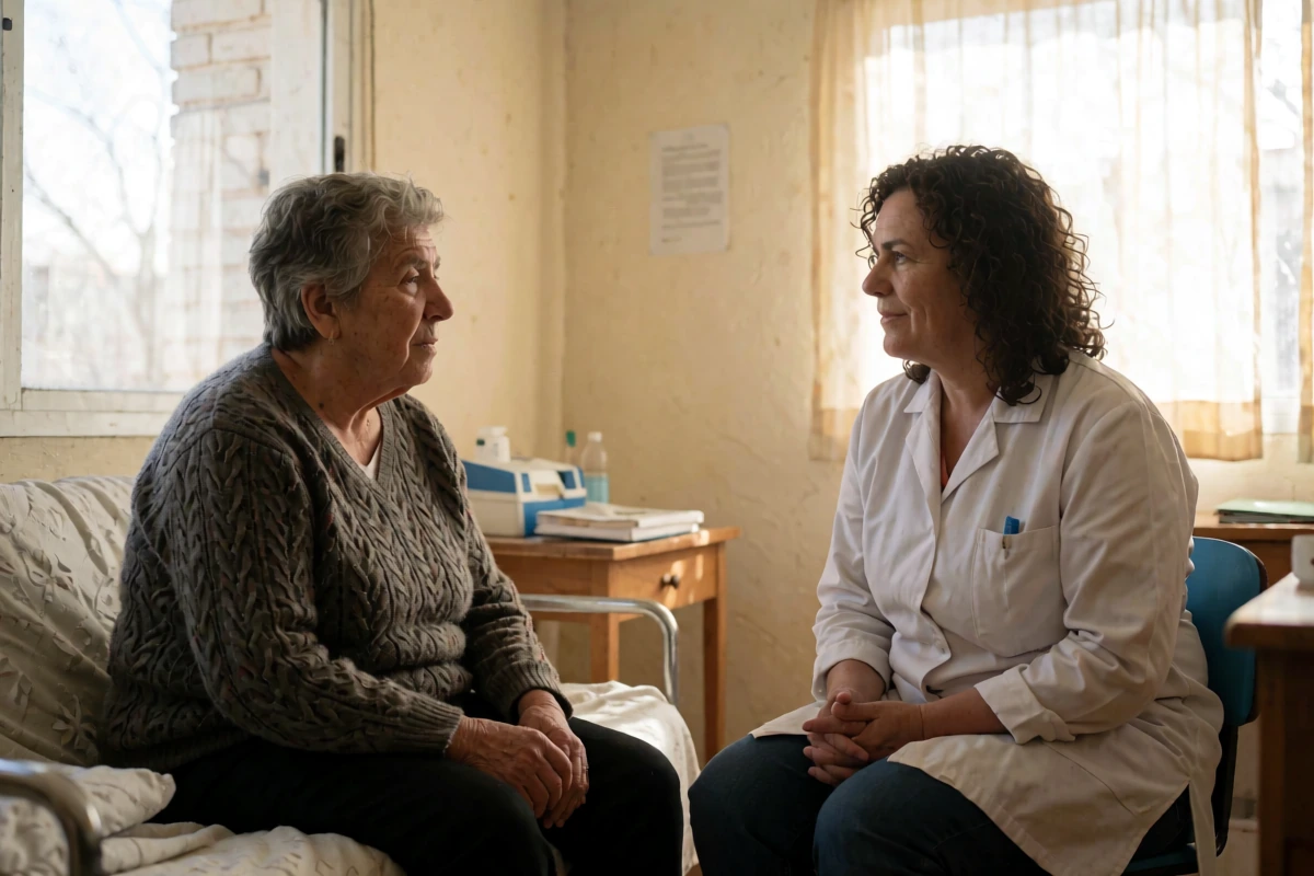 A patient speaking with a healthcare professional in a bright Argentine clinic