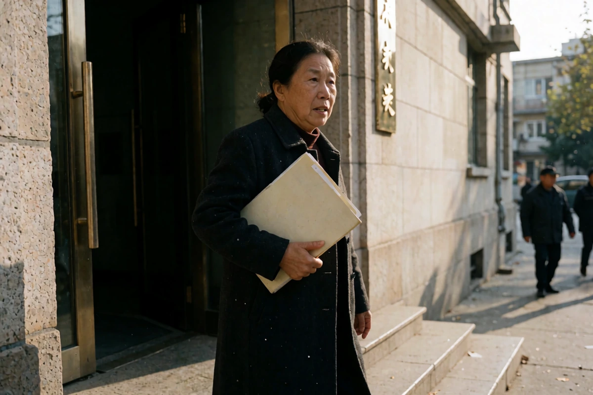 An adult leaving a civic building with a tracked document folder for a residence application