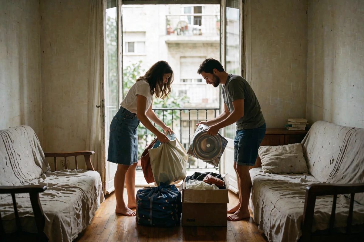 A couple carrying moving boxes into a bright apartment on a Buenos Aires street