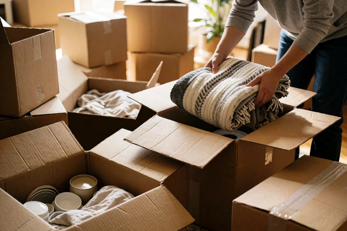 A person packing a move while comparing dated Argentina budget notes