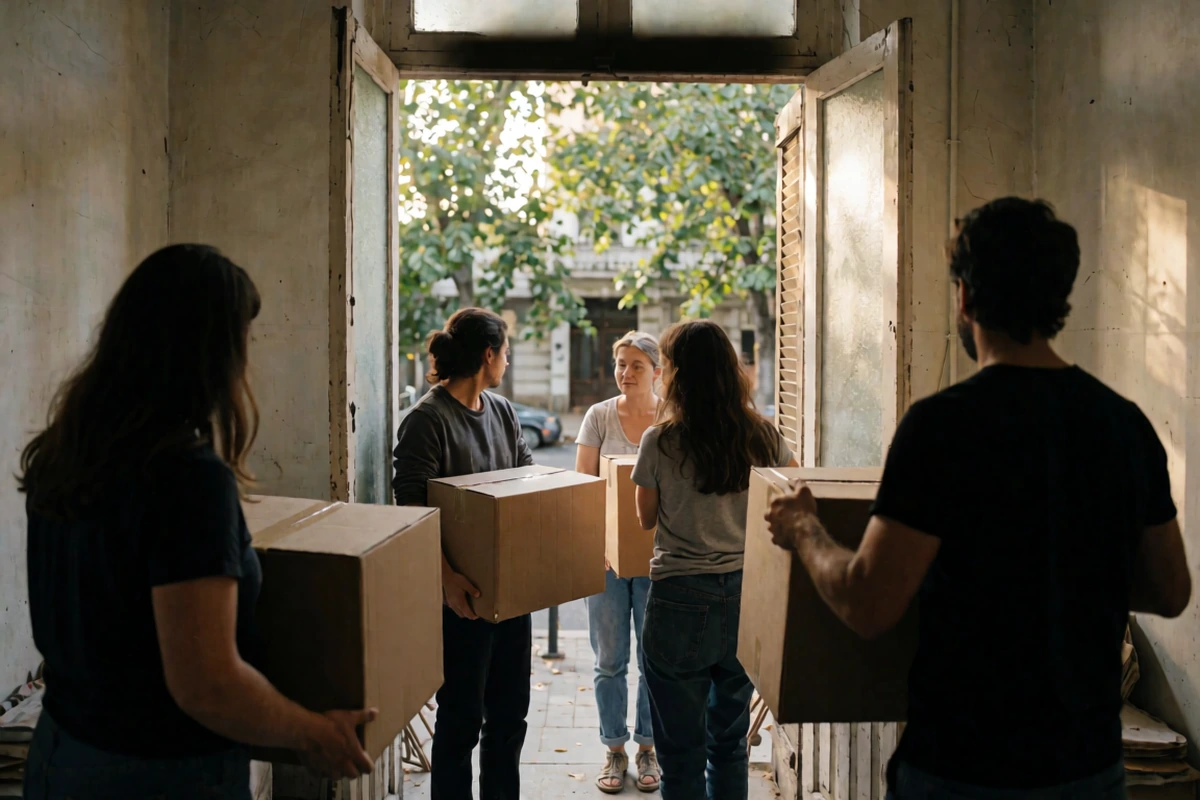 People carrying moving boxes into an apartment on a leafy Buenos Aires street