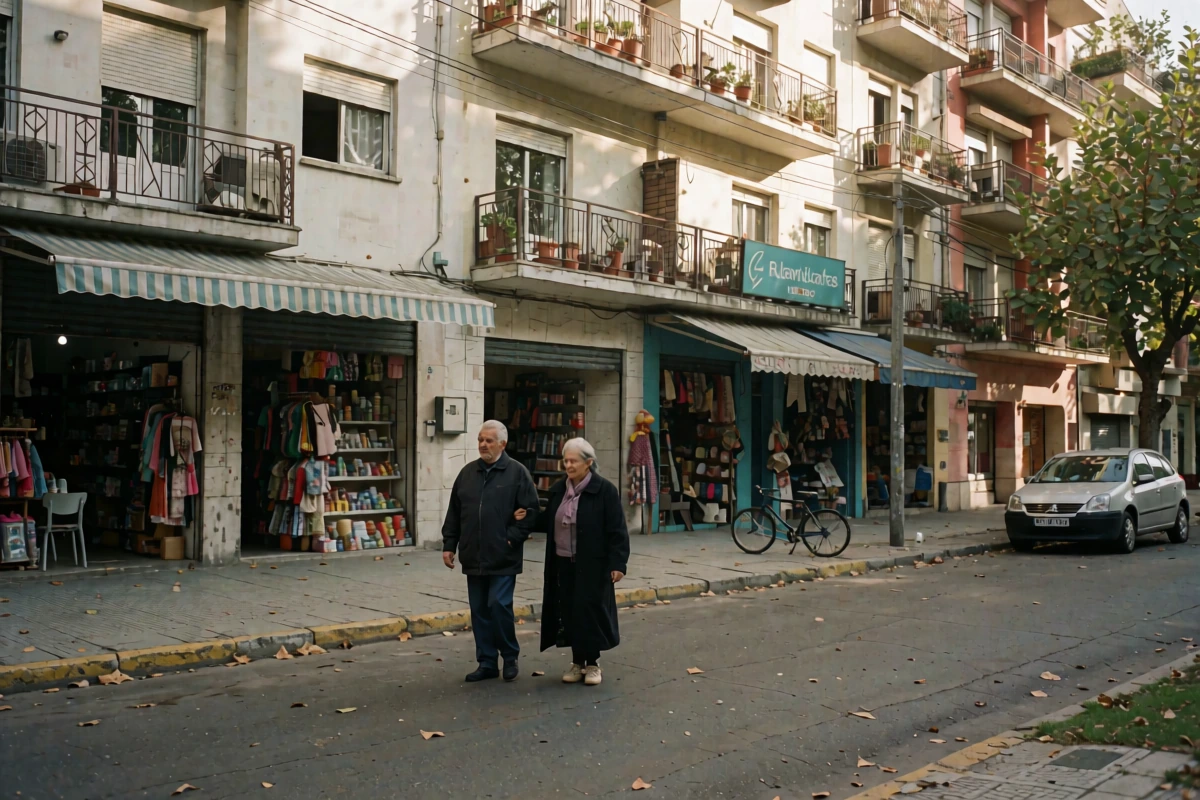 An older couple walking through a residential Buenos Aires neighbourhood