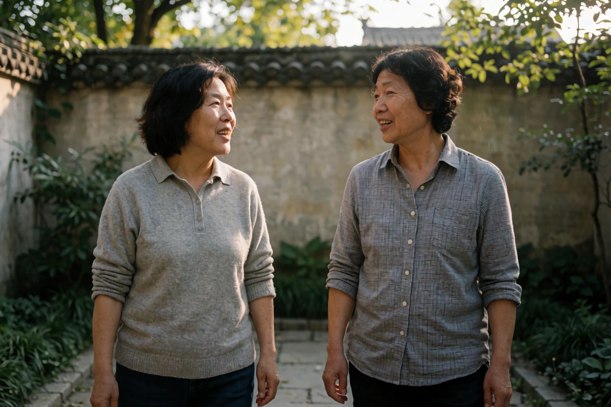 Two adults talking while walking through a leafy residential courtyard